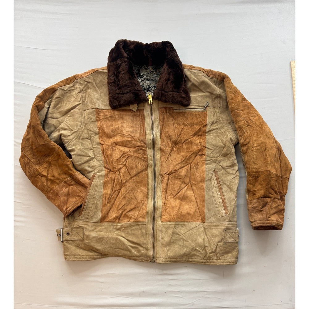 Vintage Two Tone Suede Leather Bomber Jacket Fur Collar Brown Tan Mens XL